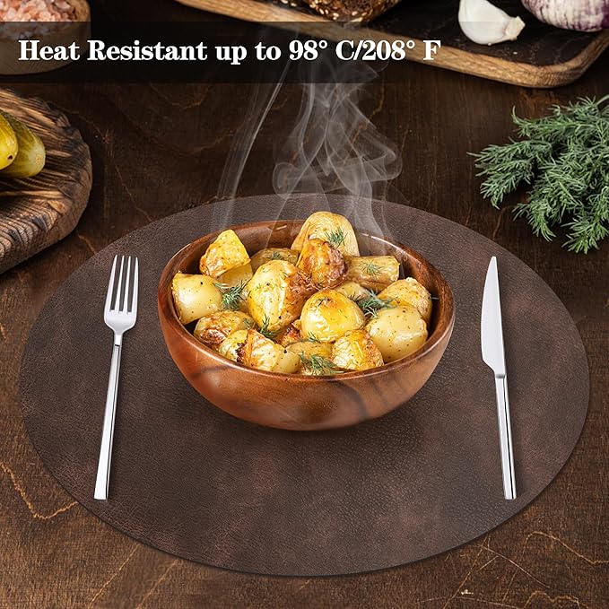 Round Placemats and Coasters Set of 8, Washable Reversible Faux Leather Placemats Cowhide Pattern Place Mats Wipeable Non-Slip 15 inch Round Kitchen Dining Table Mats (Gray Dark Coffee, 8)