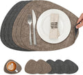 Placemats and Coasters, Washable Reversible Placemats Round Faux Leather Wipeable Place Mats Non Slip Heat Resistant Indoor Outdoor Table Mats (Set of 6, Gray Brown)