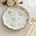 50 Pack 10" Sage Green Dinner Plates in French Toile Floral Pattern, Disposable Round Paper Party Plates 300 GSM for Festive Table Decoration