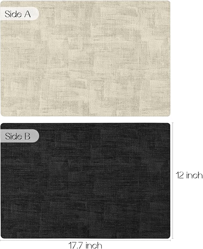 Romanstile Reversible Vinyl Placemats Set of 8, Faux Leather 100% Waterproof Oil-Proof Wipeable Place Mats, Heat Resistant Dual Sided Table Mats for Kitchen/Dining/Party (Black Beige, 12 x 17 Inch)
