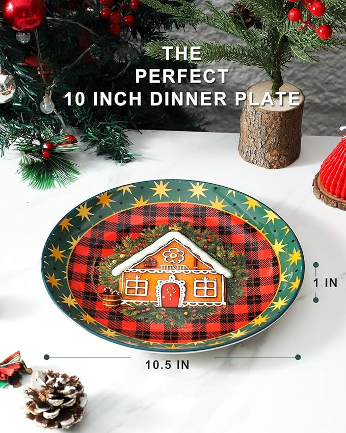 HASENSE Christmas Dinner Plates, 10.5 Inch Ceramic Plates Set of 6, Dinnerware Dish for Kitchen for Steak, Pasta, Pizza, Serving Plate Microwave, Oven and Dishwasher Safe, Holiday Dining Collection