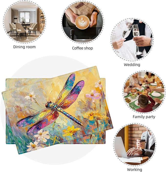 Dragonfly Placemats Set of 6, Dragonfly Flower Table Mats, Floral Washable Place Mats for Coffee Bar Home Party Indoor Kitchen Dining Table Decoration 12x18 Inch