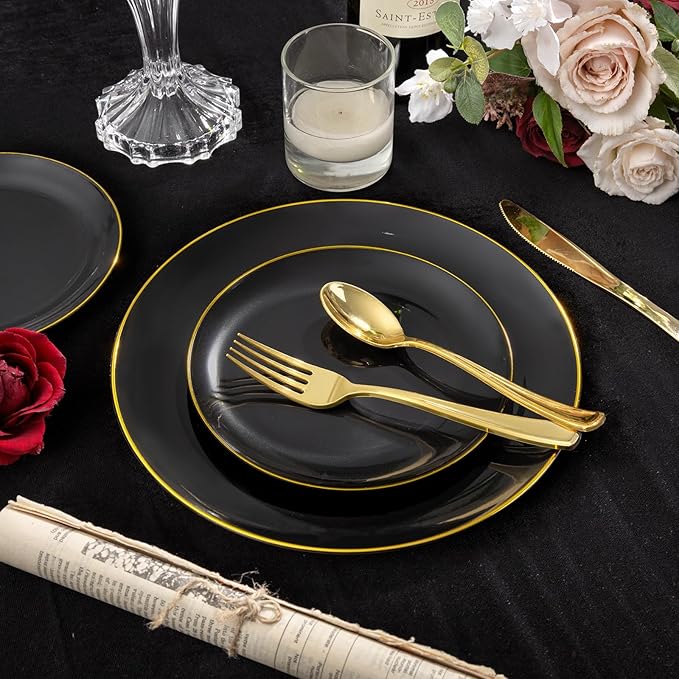 KIRE 100PCS Black and Gold Plates - Black Plastic Plates Disposable with Gold Rim for Halloween Party/Wedding/Birthday Include 50Pcs 10.25inch for Dinner and 50Pcs 7.5inch for Dessert/Salad