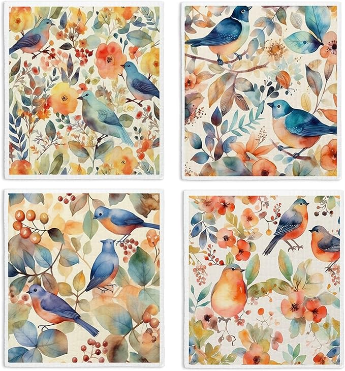 Bird Flower Swedish Dishcloths for Kitchen, Papaya Reusable Paper Towels, 4 Pack Watercolor Dish Cloths, Washable