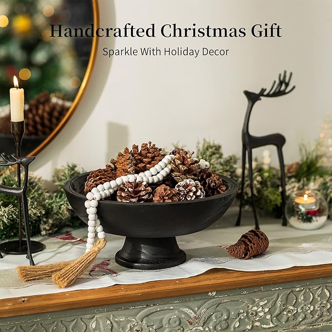 Hanobe Decorative Wood Bowl for Centerpiece: Wooden Black Pedestal Bowl Decor for Entry Way Table - Large Coffee Table Decor Dough Bowl for Fruit,Keys