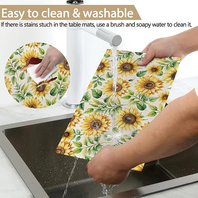 Watercolor Sunflower Placemats Set of 6, 12x18 Inch Waterproof Non-Slip Washable Seasonal Spring Table Mats for Kitchen Dining Party Table Decor