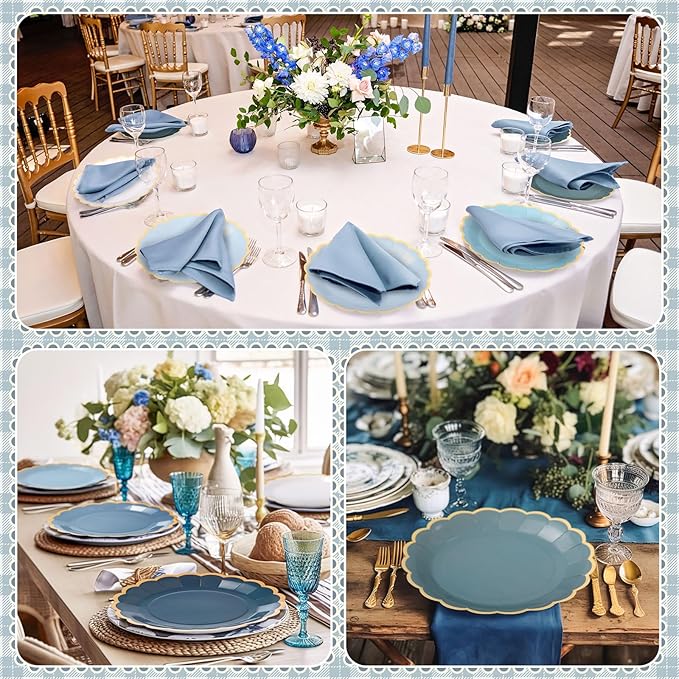 48 Pcs Dusty Blue Paper Plates 9 Inch Gradient Scalloped Paper Blue Plates Disposable Dinner Dessert for Birthday Wedding Bridal Party Supplies, 6 Colors