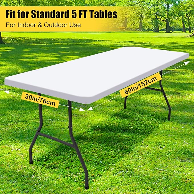 Smiry Rectangle Picnic Table Cloth, Waterproof Elastic Fitted Tablecloths for 5 Foot Tables, Washable Polyester Table Cover for Camping, Indoor and Outdoor (White, 30"x60")