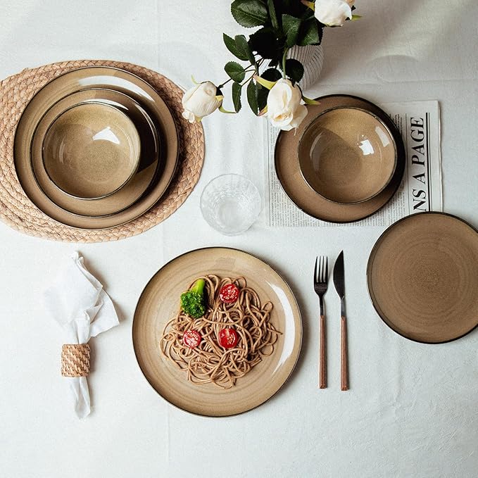 Ceramic Dinnerware 12 Pieces Dinnerware Sets Cereal Bowls Reactive Change Glaze Dish Sets, Modern Stoneware Dishe
