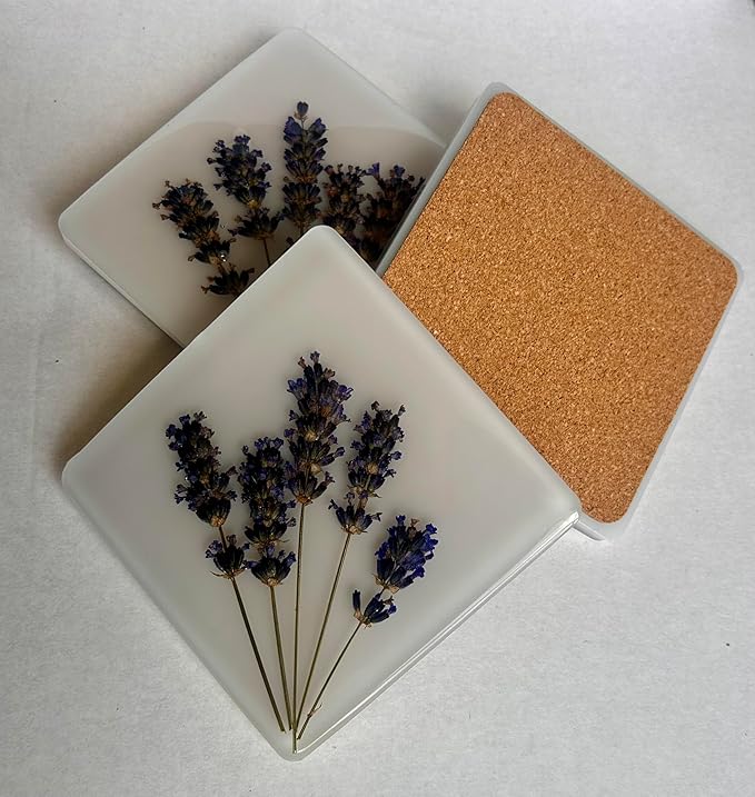 Handcrafted Pressed Lavender Resin Coasters White with Cork Base, Decorative Table Protection (4, Square)