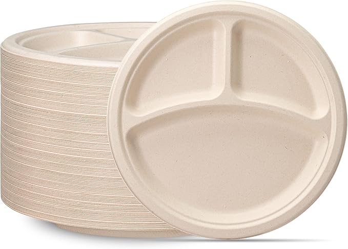 GUSTO [10 Inch - 125 Count Heavy-Duty 100% Compostable, 3 Compartment Eco-Friendly, Kraft Disposable Sugarcane Paper Plates - Brown Unbleached (Formerly Comfy Package)
