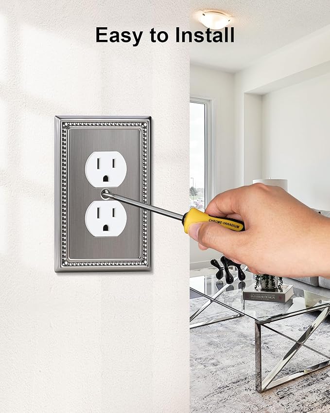2-Pack Duplex Outlet Cover, Silver Metal Wall Plates for Electrical Outlets, 1 Gang Receptacle Light Switch Cover, Pearls Beaded Decorative Switch Plates and Outlet Covers