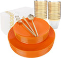 MirthMood 210PCS Orange Plastic Plates,Orange plastic Dinner Plates– Plastic Plates Set Includes 30 Dinner,30 Dessert Plate,30 Cup&50 Napkins, 30 Silverware for Wedding & Birthday Parties
