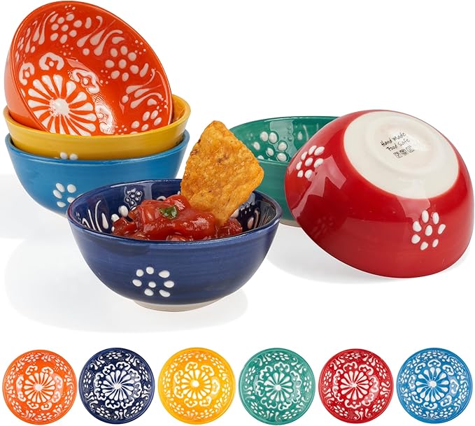 BCS Ceramic Salsa Bowls Set of 6 Small Pinch Bowls for Dipping, Cooking Prep & Charcuterie Board, Soy Sauce Dish, Multicolor Handmade Decorative Mini Serving Dishes Dishwasher Safe (3.2''-3 oz)