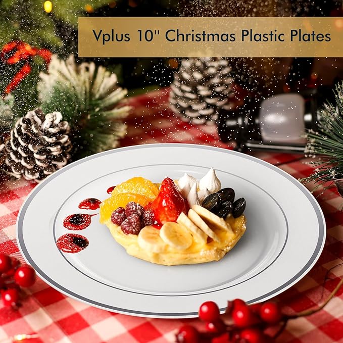 Vplus 100 Piece 10 Inch Silver Plastic Plates Disposable, Heavy Duty White Elegant Durable Dinner Plastic Party Plates with Silver Rim Perfect for Party Christmas