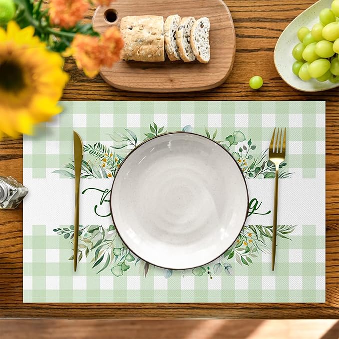 AOFOTO Green Plaid Placemats Set of 4 Beautiful Spring Leaves Printed Place Mats Washable Rectangular Table Mats for Party Home Kitchen Restaurant Dining Table Decor 12x18 Inch