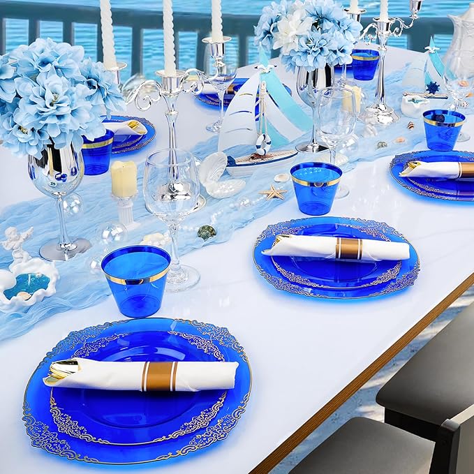 350 PCS Blue and Gold Plastic Plates, Disposable Dinnerware Set for 50 Guests, 100 Disposable Plates, 150 Silverwares, 50 Cups, 50 Napkins for Wedding, Party, Graduation