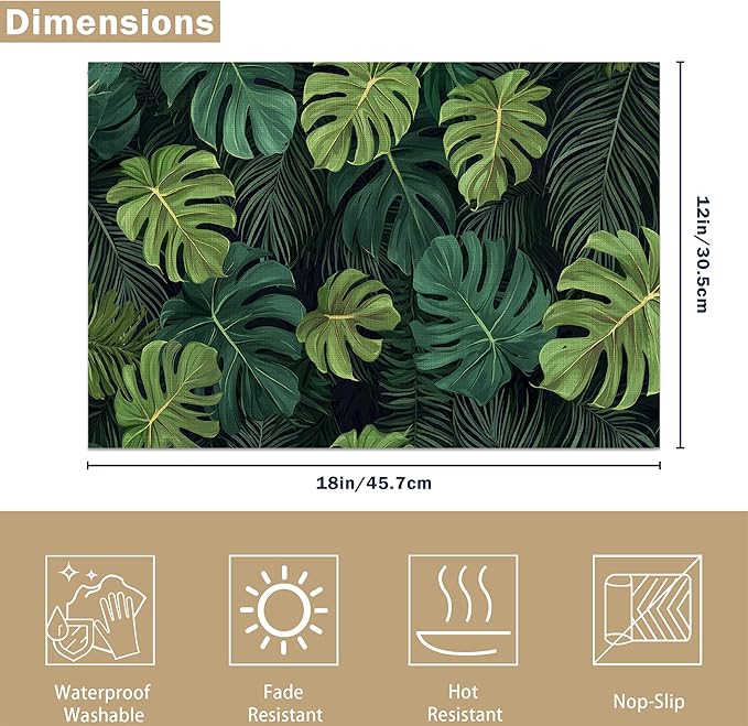 Tropical Leaves Placemats Set of 6, Linen Washable for Christmas, Thanksgiving, Party, and Daily Dining, Decorative Table Mats for 4-6 Person Table