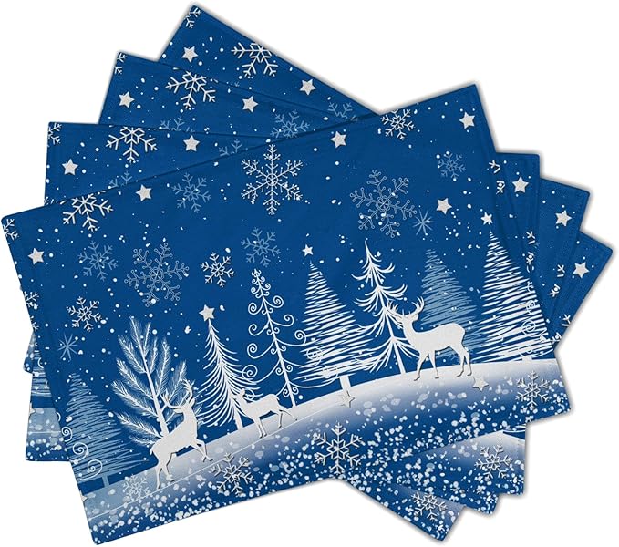 Xmas Placemats Set of 4 - Winter Navy Blue Place Mats 12x18 Table Mats White Forest Snowflake Reindeer Kitchen Mats for Party Dining Table