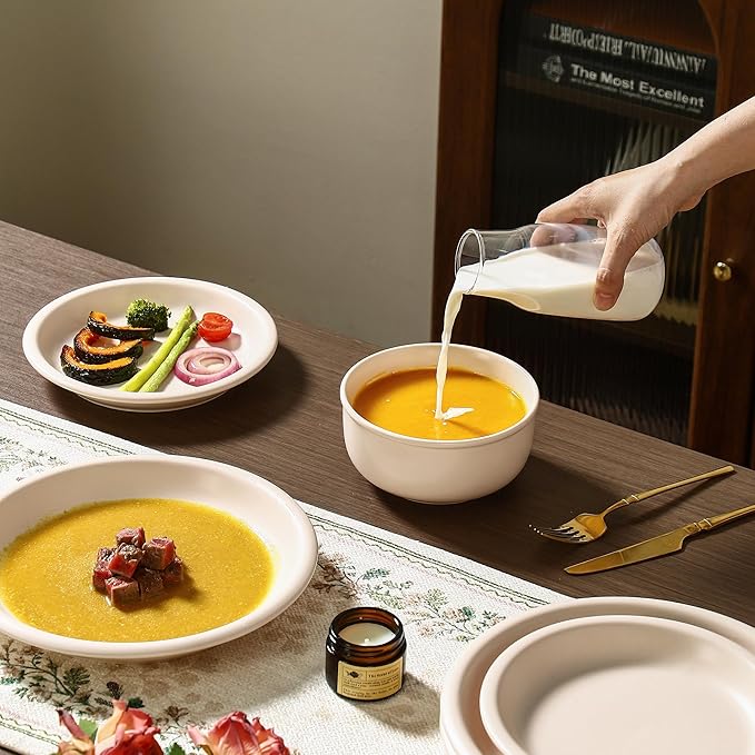 GZG Vintage Series - Ceramic Dinnerware Set for 2, 6 Pieces Stoneware Plates and Bowls Set, Lead-Free, Handcrafted Dishes Set, Microwave & Dishwasher Safe - Cream White