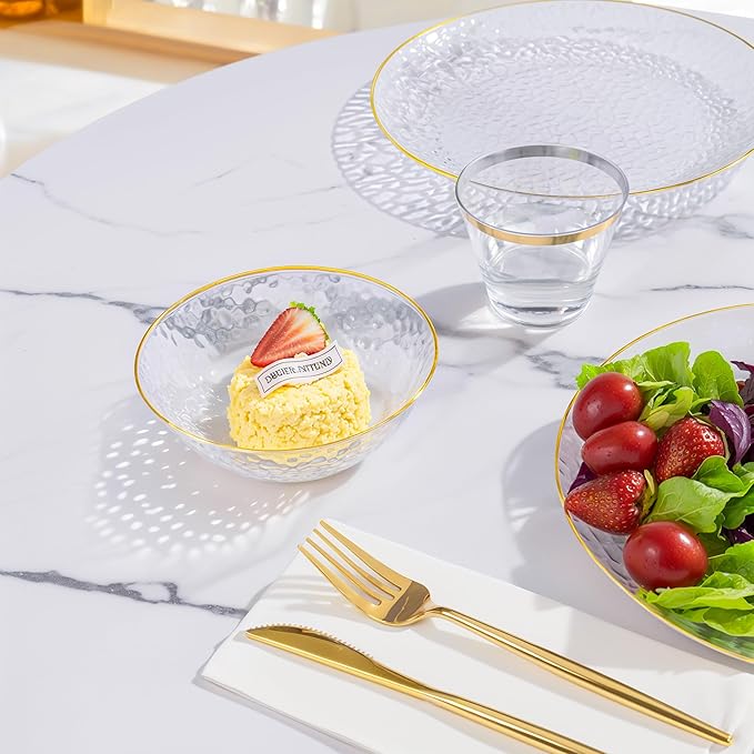 I00000 20 Pack 12 Ounce Clear Plastic Bowls Hammered Gold Rimmed, Heavy Duty Disposable Bowl Set,Elegant Ice Cream Bowls For Birthday, Wedding & Party