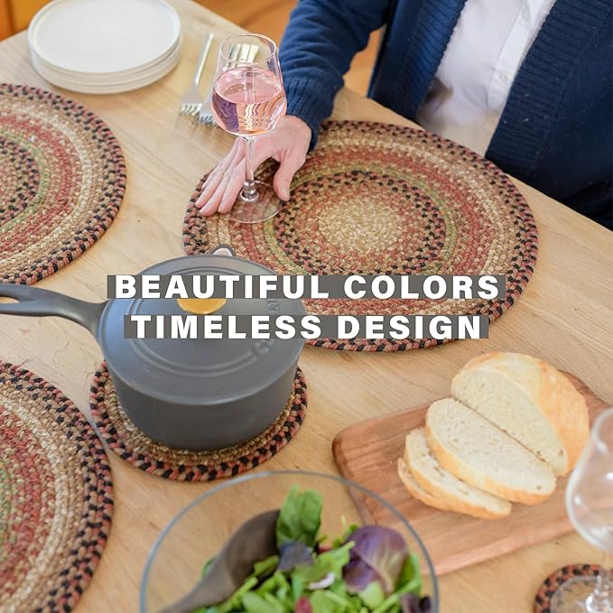Homespice Gingerbread Jute Braided Oval Placemats, Warm Country Decor, Set of 6, 13x19 Brown Table Mats - Vibrant Colors, Durable, Easy to Clean and Protects Furniture