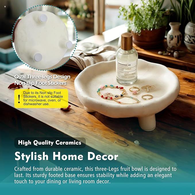 Three-Legs Ceramic Decorative Bowl- 8" Small White Footed Fruit Bowl for Kitchen Counter, Entryway &Table Home Décor,Multi-Purpose Footed Centerpiece Bowl for Candy,Breads,candles, trinkets or key