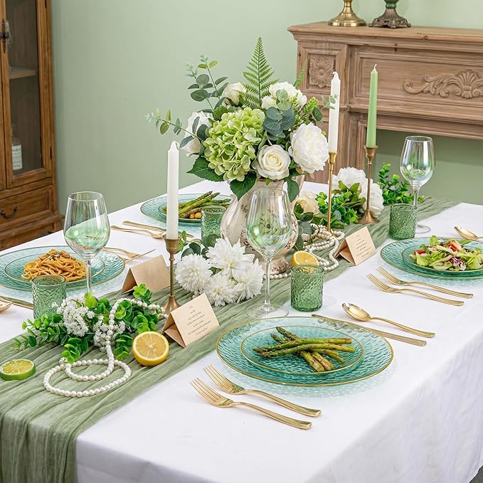 Rubtlamp 60 Green Plastic Plates, Hammered Clear and Gold Disposable Plates Include 30 Dessert Platos, 30 Dinner Platos for St. Patrick's Day