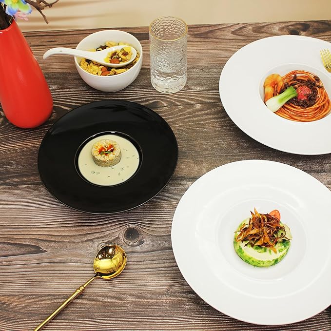 Ceramics Rimmed Soup Bowls 8.5 oz, White 10.4 inch Exquisite small soup plate Set of 4, Pasta plates With Rim is the best choice for hotels, kitchens, fine restaurants and gourmets