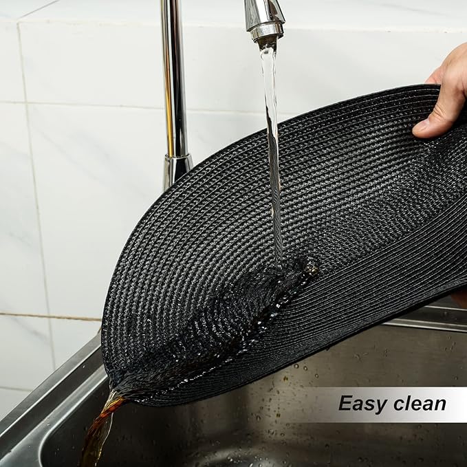 FunWheat Oval Braided Placemats Set of 6 Table Mats for Dining Tables Washable Heat Resistant Place mats for Daily Use 12 x18 Inch (Oval Black, 6pcs)
