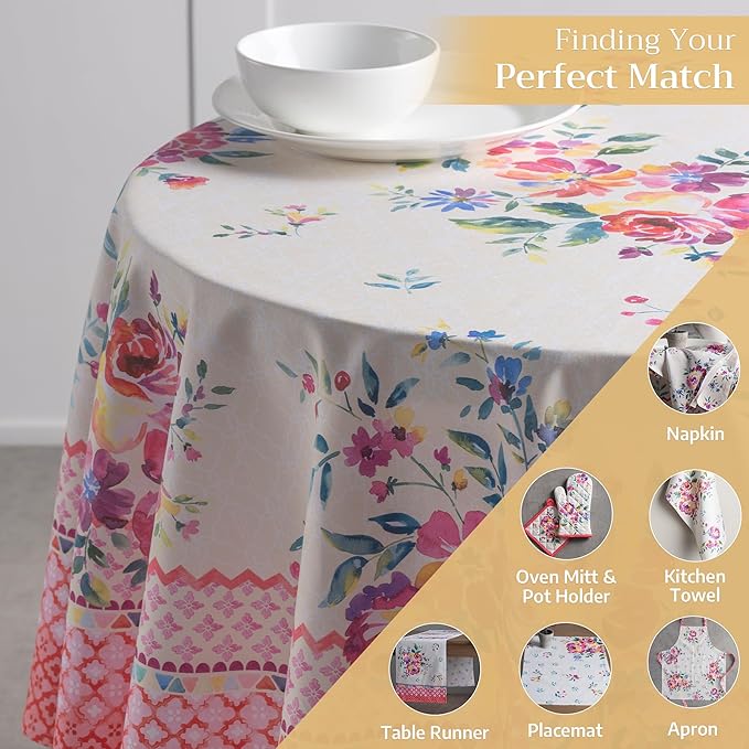 Maison d' Hermine Table Cloth Round Table 100% Cotton 69 Round Inches Tablecloth Reusable Decorative for Dining Room Farmhouse Home Valentines Day Decorations Spring Summer - Rose Garden