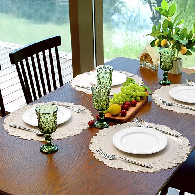 Noctiflorous Round Faux Leather 15 Inch Placemats Set of 6 Waterproof Wipeable Heat Resistant Tablemat for Dining Table Kitchen Non Slip Washable Oilproof Table Place Mat for Indoor Outdoor(Beige, 6)