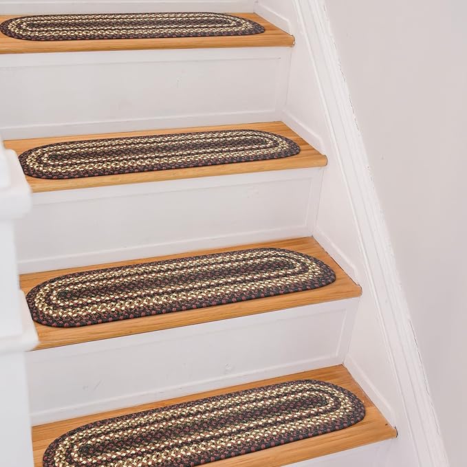 Homespice Prescott Jute Braided Staircase Step Treads, Country Primitive Decor, Set of 13, Black and Red 8x28 Oval Rug for Stairs - Easy to Clean, Tightly Stitched and Durable