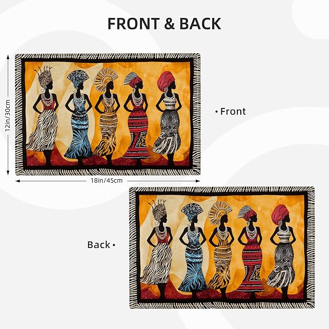 Kwanzaa Placemats Set of 6, African American Christmas Table Mats, Black Women Washable Place Mats for Coffee Bar Home Party Indoor Kitchen Dining Table Decoration 12x18 Inch