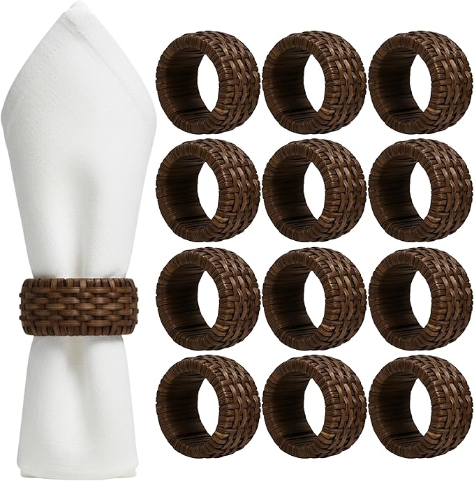 ALPHA Living HOME Woven Napkin Rings Set of 12, Rustic Farmhouse Cane Napkin Rings Round Handmade Napkins Rings Boho Tabletop Decor for Thanksgiving Christmas Party Wedding Deco (Brown)