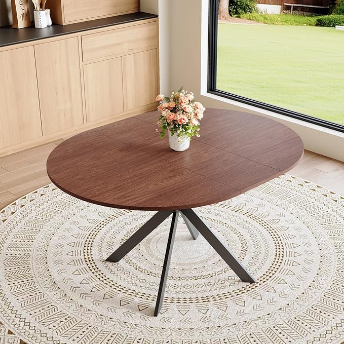 Round Dining Table Set for 6｜42"-54" Extendable Dining Room Table Set｜Wooden Kitchen Table with 6 Chairs｜Mid Century Modern Dinner Table Set with Cross Legs｜Easy Assembly｜Space Saving
