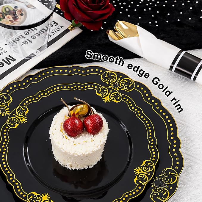 Ciaell 350 PCS Black Plastic Plates - Black and Gold Plates - Black Disposable Plates Include 100 Disposable Plate, 150 Heavy Duty Silverware, 50 Cups, 50 Napkins for Wedding & Party