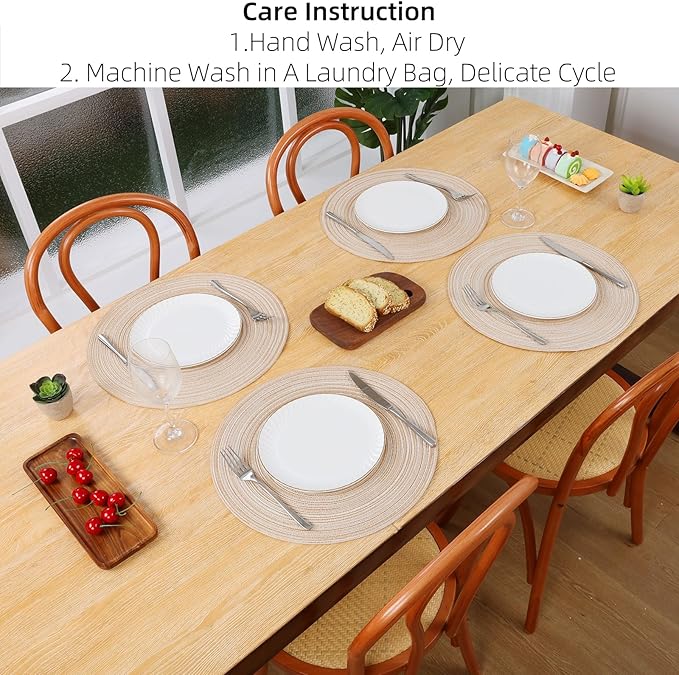 SHACOS Round Braided Placemats Set of 4 Round Table Mats for Dining Tables 15 inch Washable Kitchen Table Place Mats Indoor (Beige, 4)