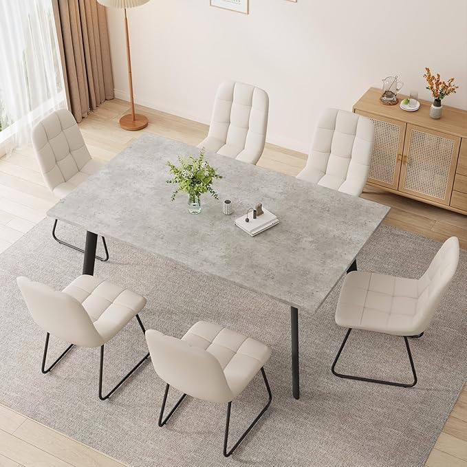 ZckyCine 46.5" Modern Grey Dining Table Set for Small Spaces, 5-Piece Set with Rectangular Table & 4 Padded Leather Chairs, Compact, Sturdy & Easy to Assemble (Table + 4 White Dining Chairs, 46.5")