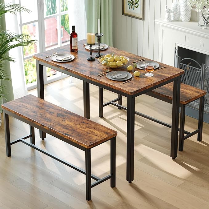 Tatub Dining Table Set for 4, 3-Piece Kitchen Table with 2 Benches, Space-Saving Dining Room Set for Breakfast Nook and Small Spaces, Brown