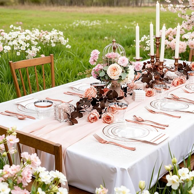 GATHER 350PCS Rose Gold Plastic Plates - Disposable Rose Gold Dinnerware Includes 100 Clear Rose Golds Rimmed Plastic Plates, 150 Silverware, 50 Napkins, 50 Cups for Party, Wedding, Valentine's Day