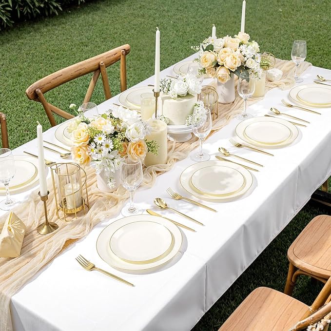 bUCLA 200PCS Ivory Plastic Plates with Gold Rim - Heavy Duty Cream Disposable Include 100 Dinner 10 inch & 100 Dessert 7 inch Plates, Ideal for Party & Wedding