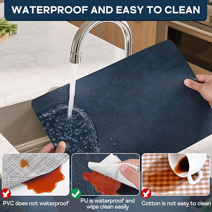 Faux Leather Placemats Set of 6, Washable Place Mats, Wipeable Waterproof Oil-Proof Heat Resistant Table Mats, Vinyl Placemats Rectangular Place Mat for Table Indoor Outdoor (Navy Blue)