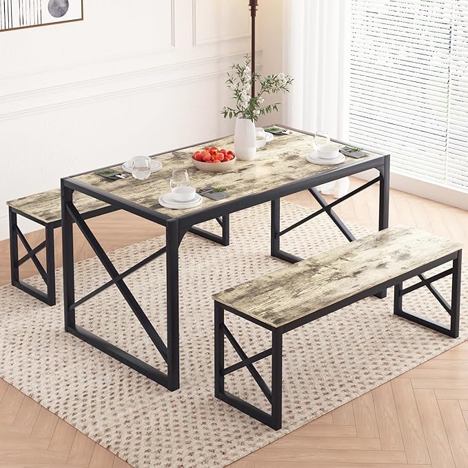VECELO Kitchen Dining Table Sets for 6, 55" Wood Dinette 2 Benches with Metal Frame for Dinner Breakfast Nook and Small Space, Grey