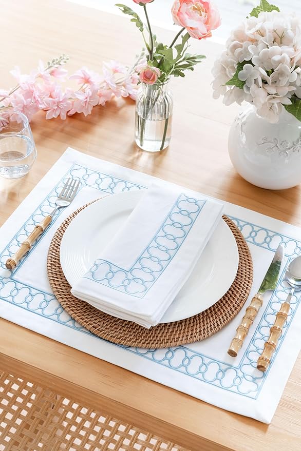 Hofdeco Premium Coastal Patio Indoor Outdoor Placemat Set of 4, 14"x19" Double-Layered, Waterproof Cloth Placemat for Kitchen or Dining Table. Baby Blue Embroidered Frame