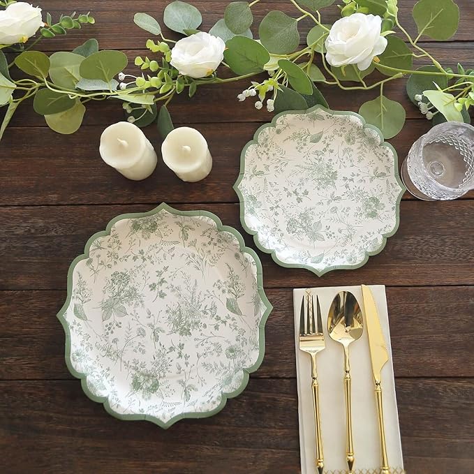 50 Pack 10" Sage Green Dinner Plates in French Toile Floral Pattern, Disposable Round Paper Party Plates 300 GSM for Festive Table Decoration