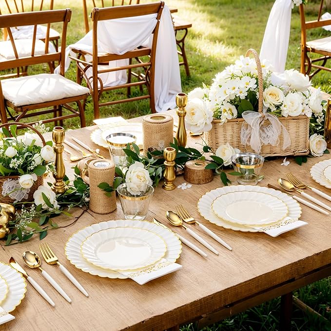 Ciaell 175 PCS Ivory Scalloped Plastic Plates - Gold Disposable Plates Fancy High-end Dinnerware Sets for Wedding & Party (25 Guests)