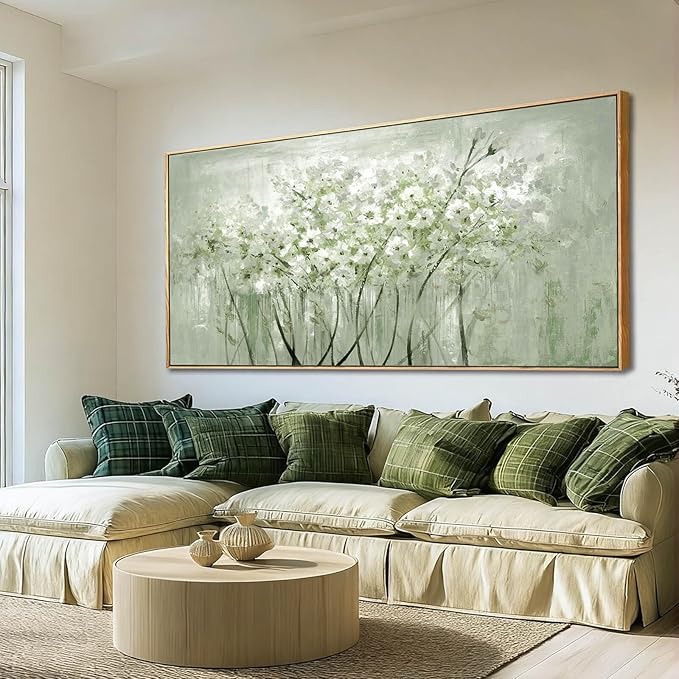 MLART99 Soft Green and White Floral Canvas Extra large Flower Wall Art Texture Botanical Print Plant Posters- 32x70 Inch Modern Home Decor for Living Room Entryway