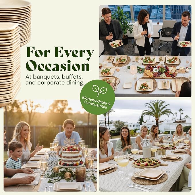 Chic Leaf Palm Leaf Bamboo Style Plates - 9-Inch Square, Pack of 50 - Compostable Serving Platters - Microwave -Disposable Plates - Durable Party Dishware, Upscale Look for Valentine’s Meals