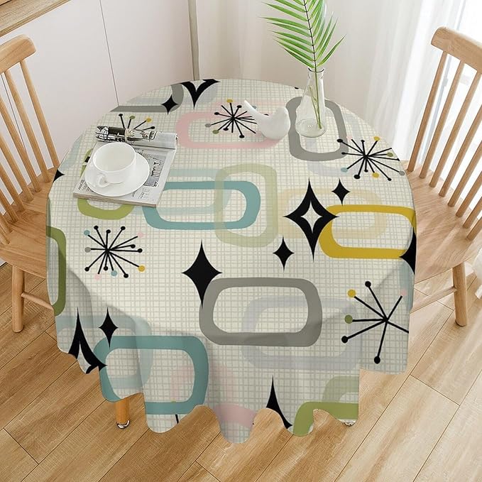 Mid Century Modern Round Tablecloth, Geometry Bohemian Retro Abstract Tablecloth for Home Party Dining Room Kitchen Decor 60Inch(152cm)